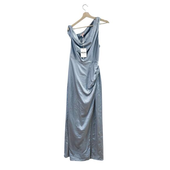 Show Me Your Mumu Jodie Maxi Dress in Steel Blue Luxe Satin L NWT - Picture 4 of 6